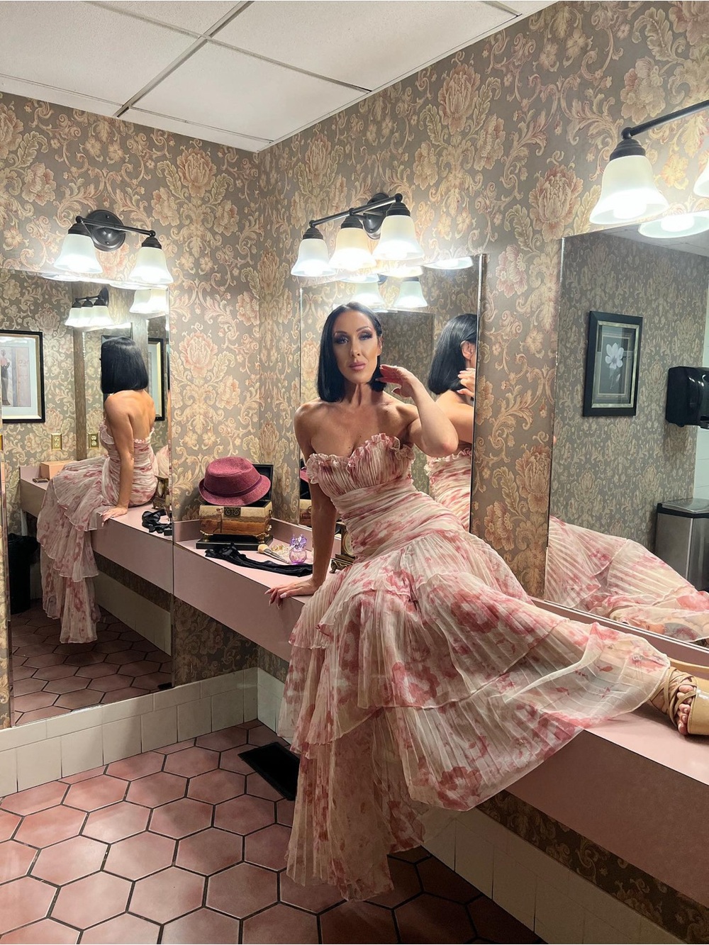 Pearl by Georgina Chapman Cream and Pink Floral Tiered Chiffon Maxi Dress - Picture 5 of 5